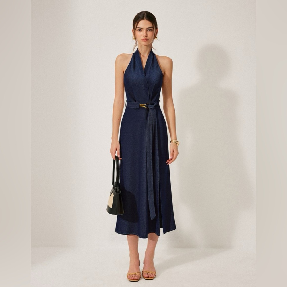 Commense Navy Belted Midi Halter Dress